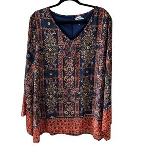 Wrangler Women’s XXL Flowy Chiffon Scarf Print Boho V Neck Tunic Top Bell Sleeve